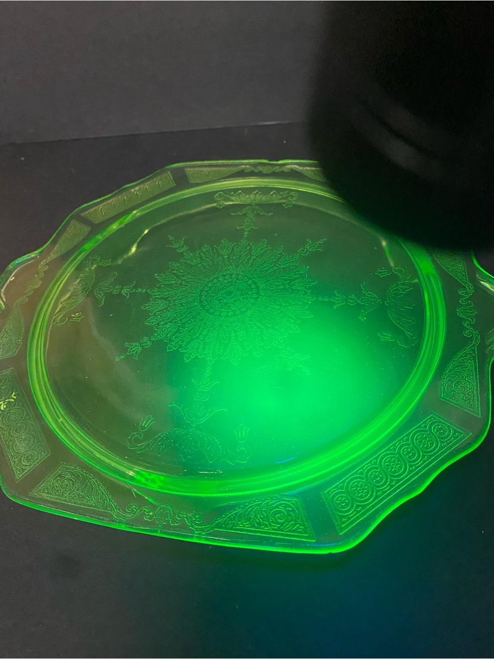 Green Uranium Glass Three footed cake plate